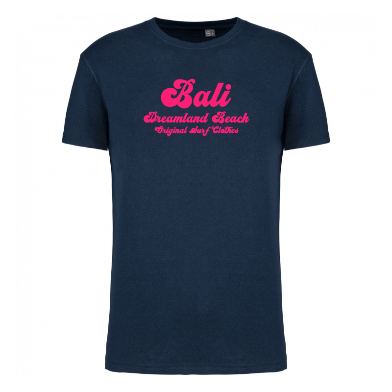 T-shirt en 100% coton biologique certifié GOTS coloris Bleu Navy imprimé rose sur le devant