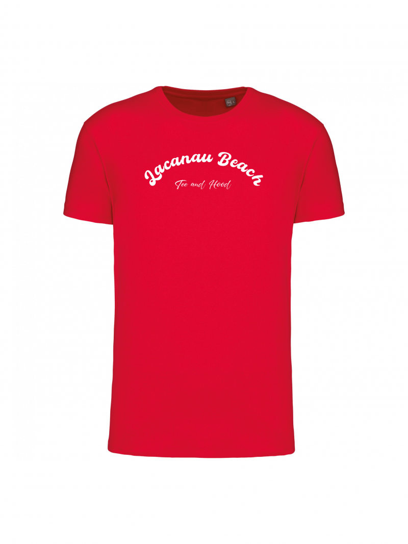 T-shirt Lacanau en coton durable coloris rouge imprime LACANAU BEACH en blanc